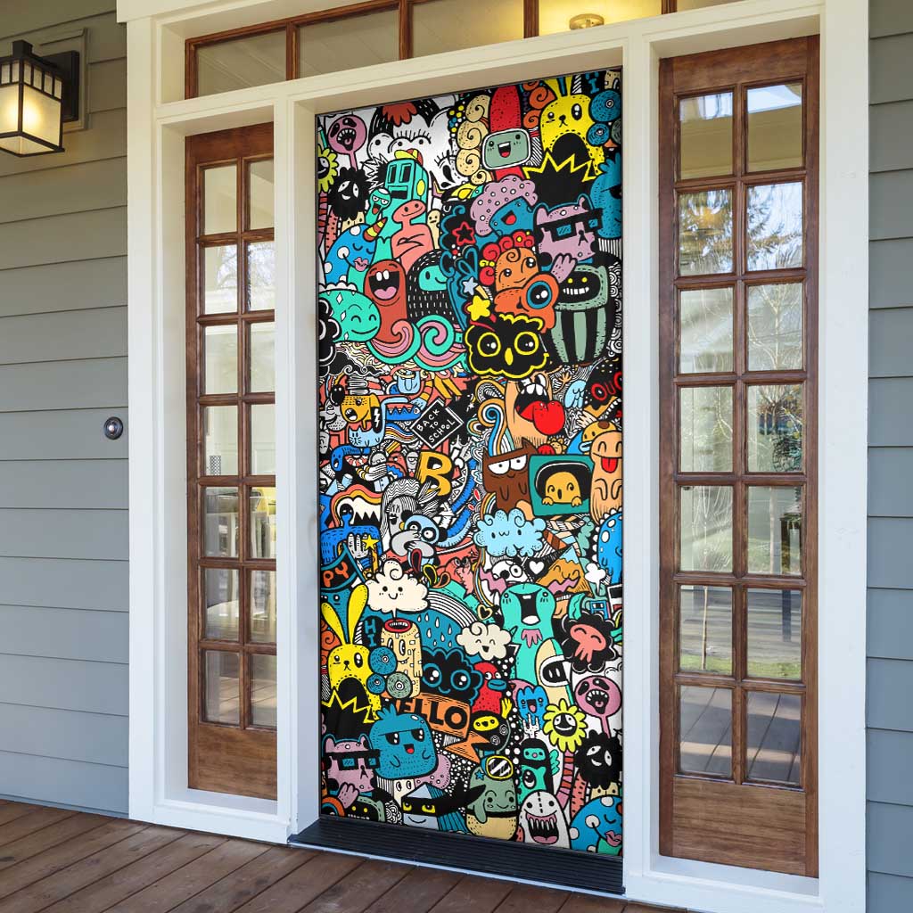 Happy Doodle Monsters Sticker Bomb Door Cover Funny Graffiti Style Cartoon