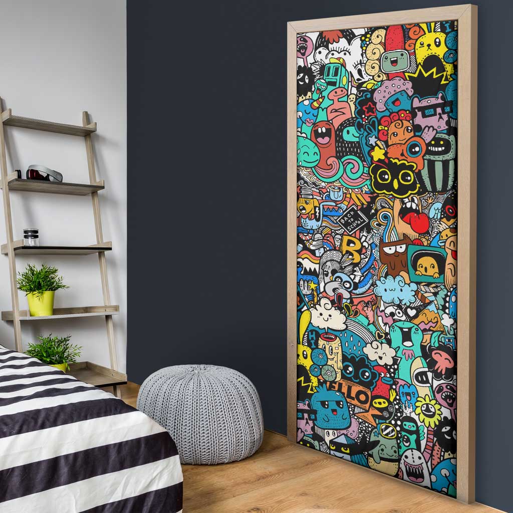 Happy Doodle Monsters Sticker Bomb Door Cover Funny Graffiti Style Cartoon