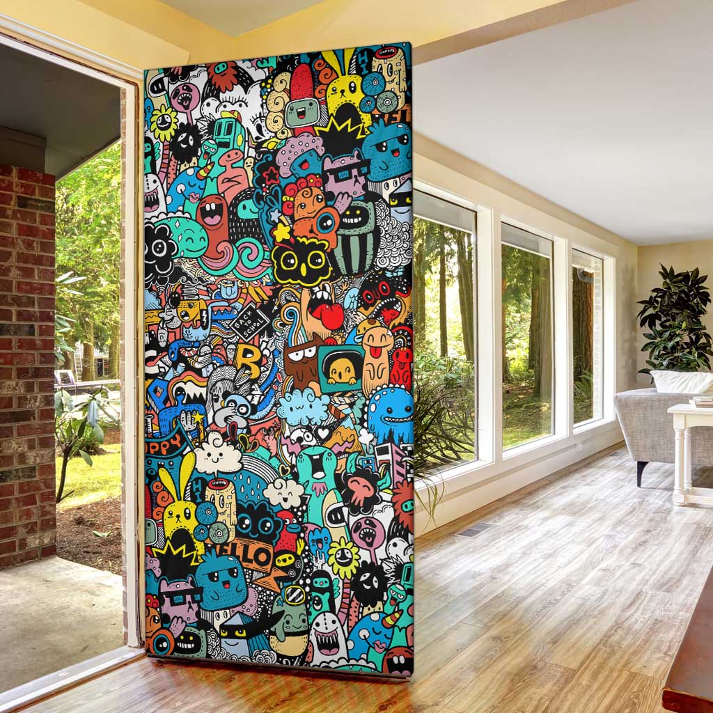 Happy Doodle Monsters Sticker Bomb Door Cover Funny Graffiti Style Cartoon