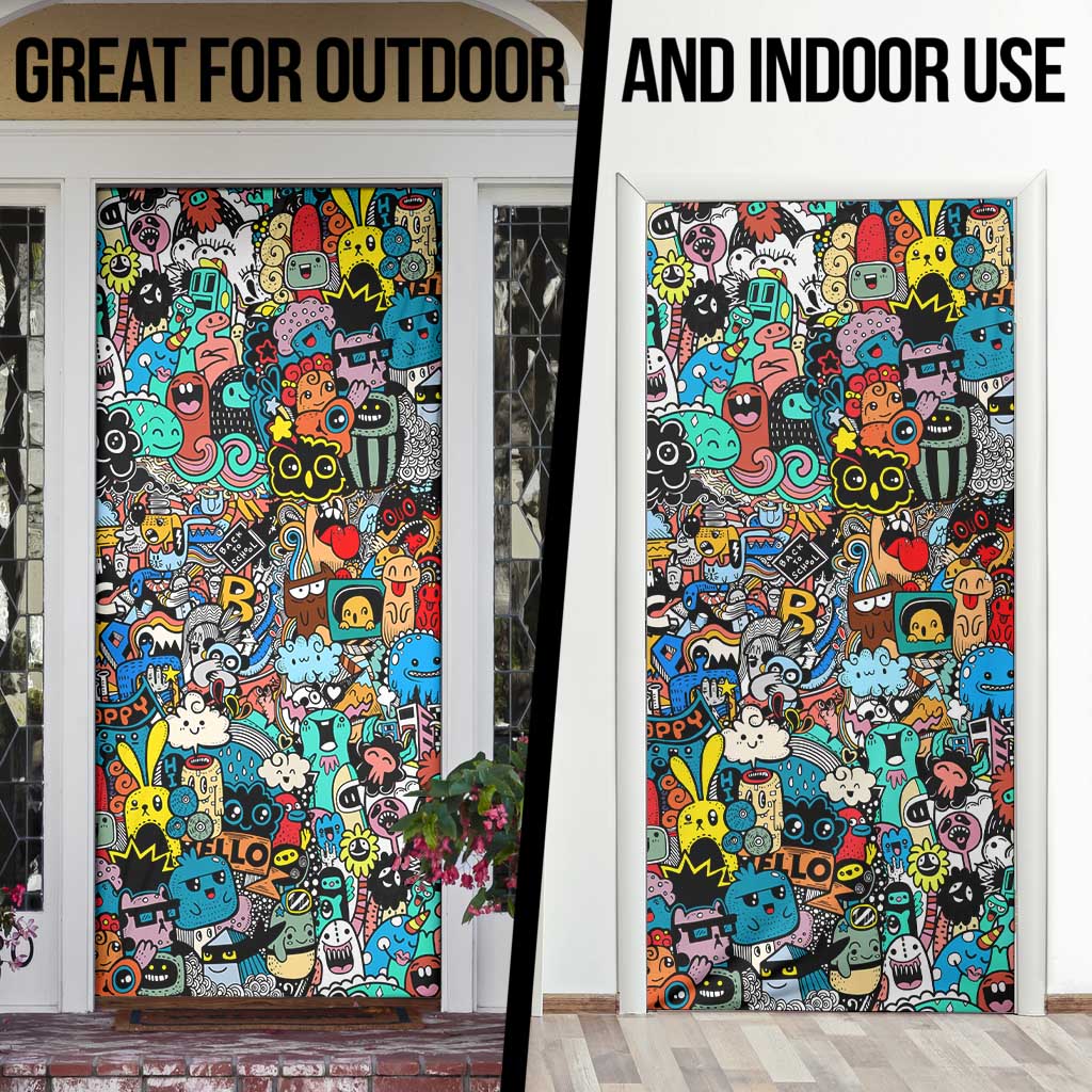 Happy Doodle Monsters Sticker Bomb Door Cover Funny Graffiti Style Cartoon