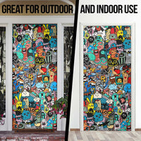 Happy Doodle Monsters Sticker Bomb Door Cover Funny Graffiti Style Cartoon