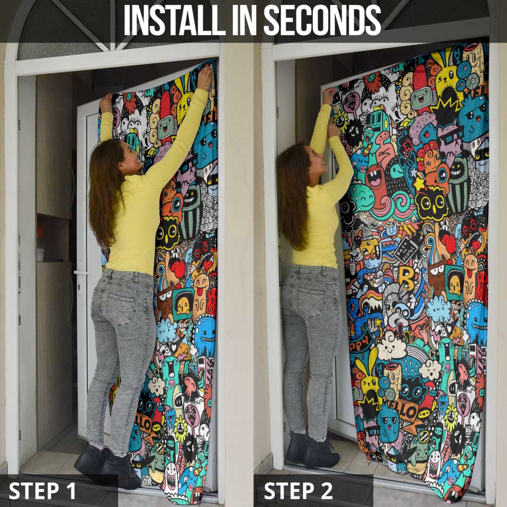 Happy Doodle Monsters Sticker Bomb Door Cover Funny Graffiti Style Cartoon
