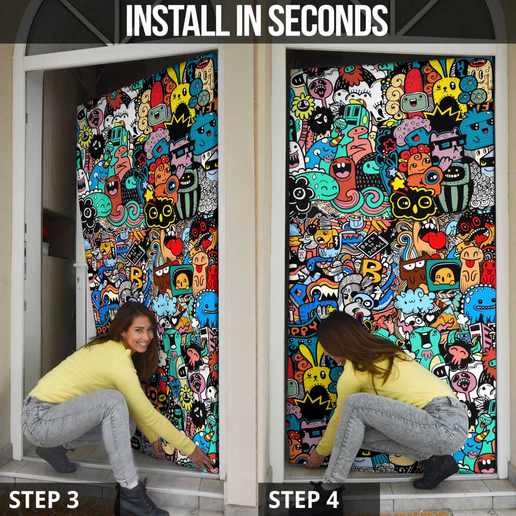 Happy Doodle Monsters Sticker Bomb Door Cover Funny Graffiti Style Cartoon