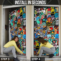 Happy Doodle Monsters Sticker Bomb Door Cover Funny Graffiti Style Cartoon