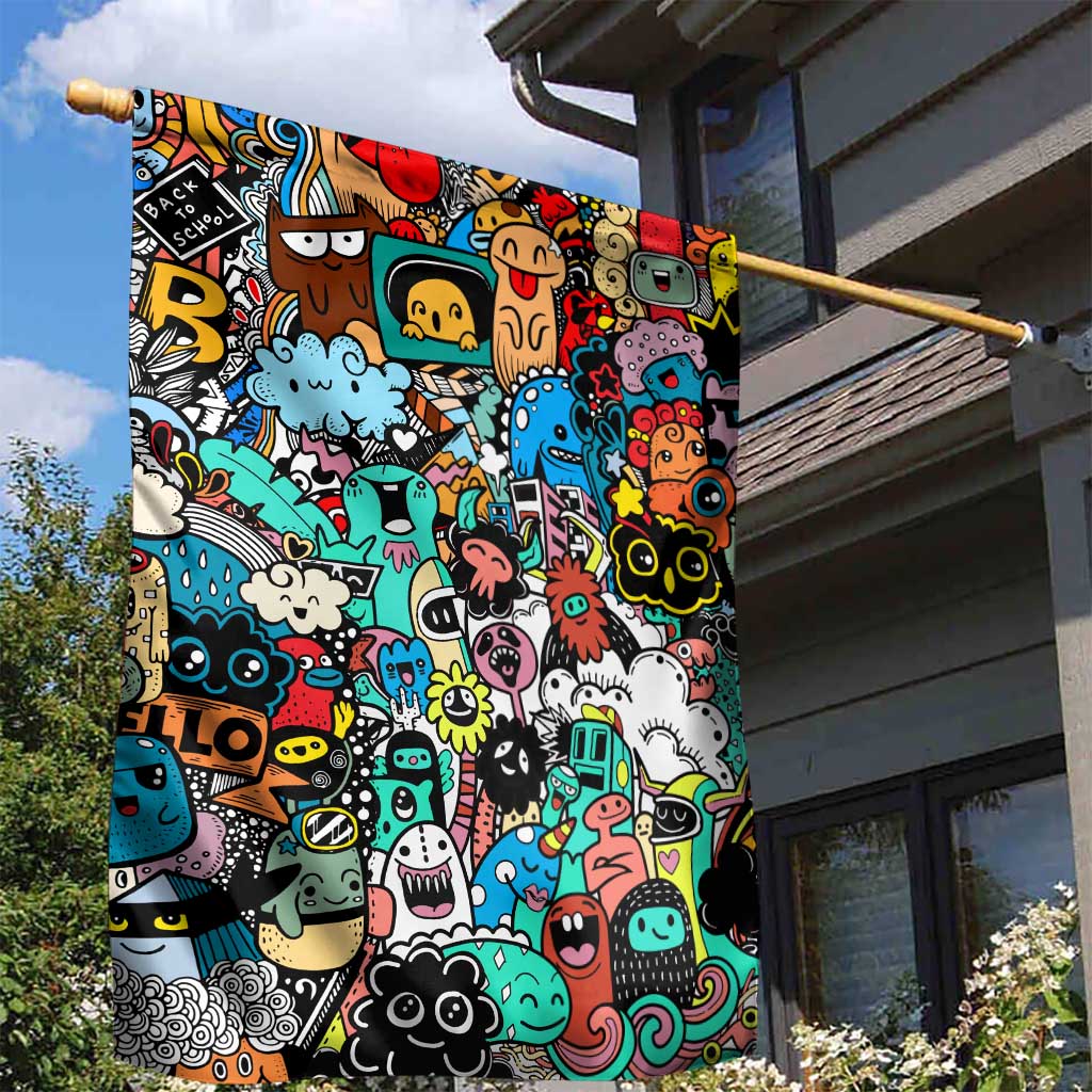 Happy Doodle Monsters Sticker Bomb Garden Flag Funny Graffiti Style Cartoon