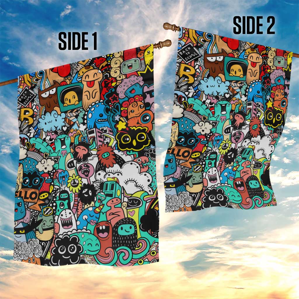 Happy Doodle Monsters Sticker Bomb Garden Flag Funny Graffiti Style Cartoon