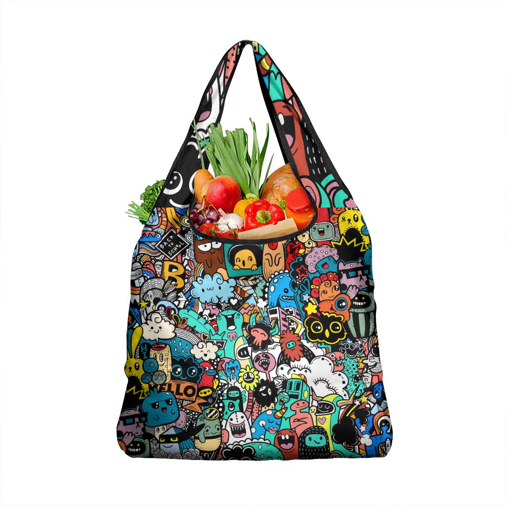 Happy Doodle Monsters Sticker Bomb Grocery Bag Funny Graffiti Style Cartoon