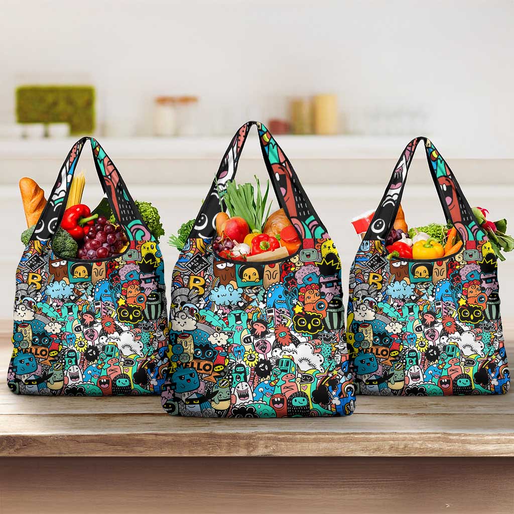 Happy Doodle Monsters Sticker Bomb Grocery Bag Funny Graffiti Style Cartoon