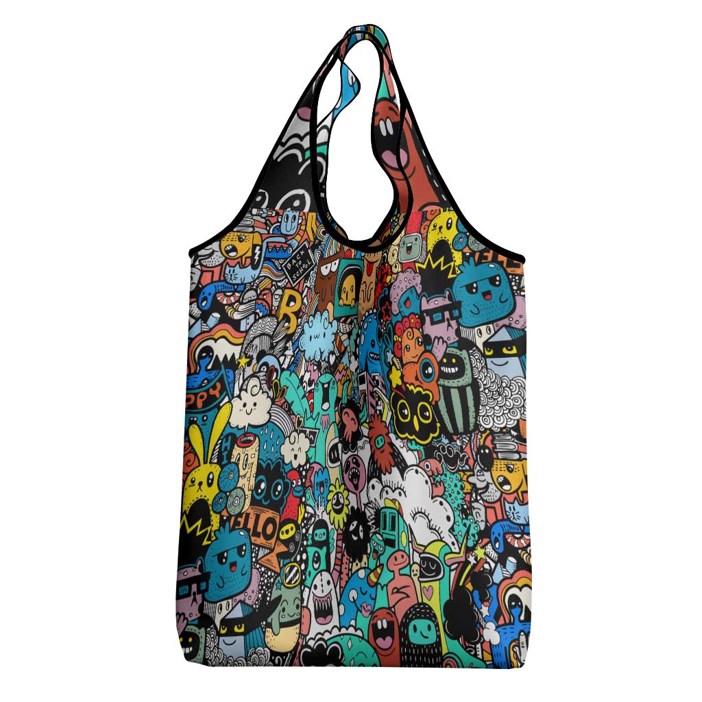 Happy Doodle Monsters Sticker Bomb Grocery Bag Funny Graffiti Style Cartoon
