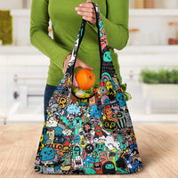 Happy Doodle Monsters Sticker Bomb Grocery Bag Funny Graffiti Style Cartoon