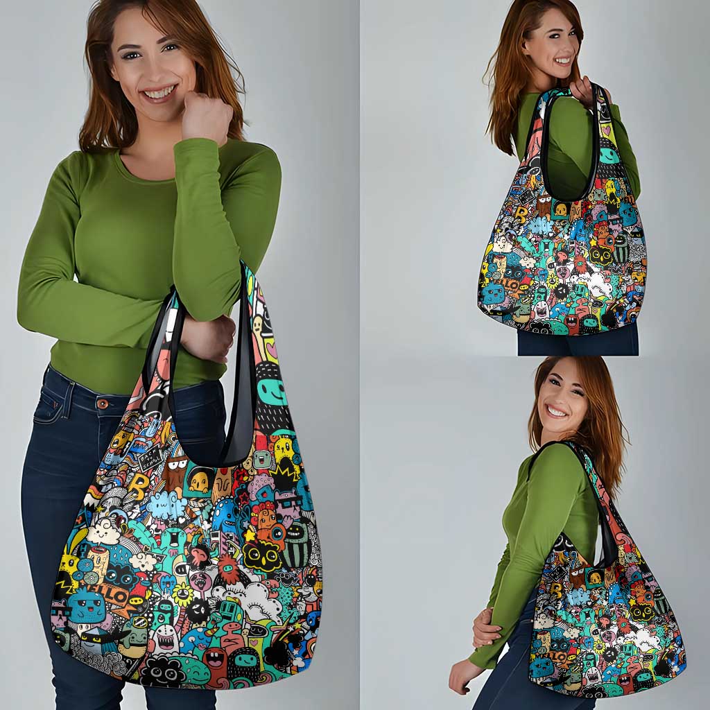 Happy Doodle Monsters Sticker Bomb Grocery Bag Funny Graffiti Style Cartoon
