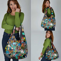 Happy Doodle Monsters Sticker Bomb Grocery Bag Funny Graffiti Style Cartoon