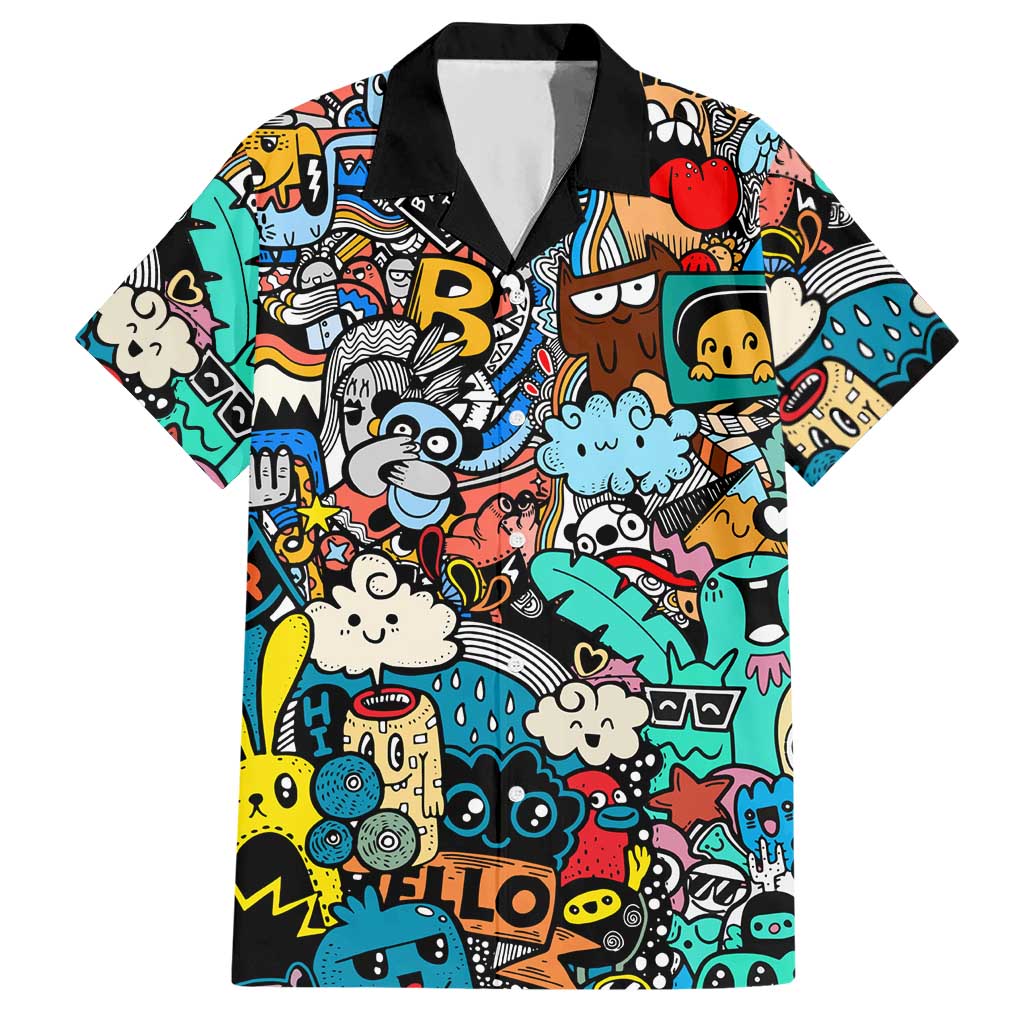Happy Doodle Monsters Sticker Bomb Hawaiian Shirt Funny Graffiti Style Cartoon