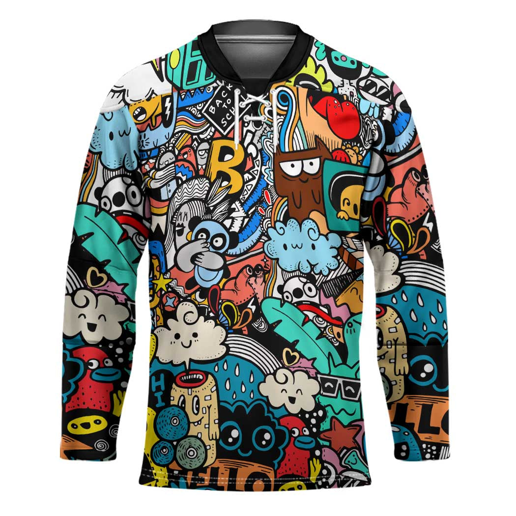 Happy Doodle Monsters Sticker Bomb Hockey Jersey Funny Graffiti Style Cartoon