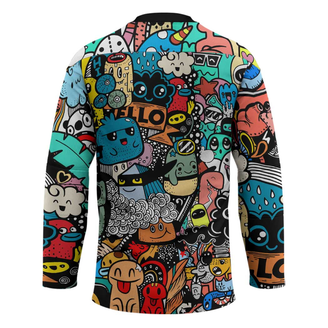 Happy Doodle Monsters Sticker Bomb Hockey Jersey Funny Graffiti Style Cartoon
