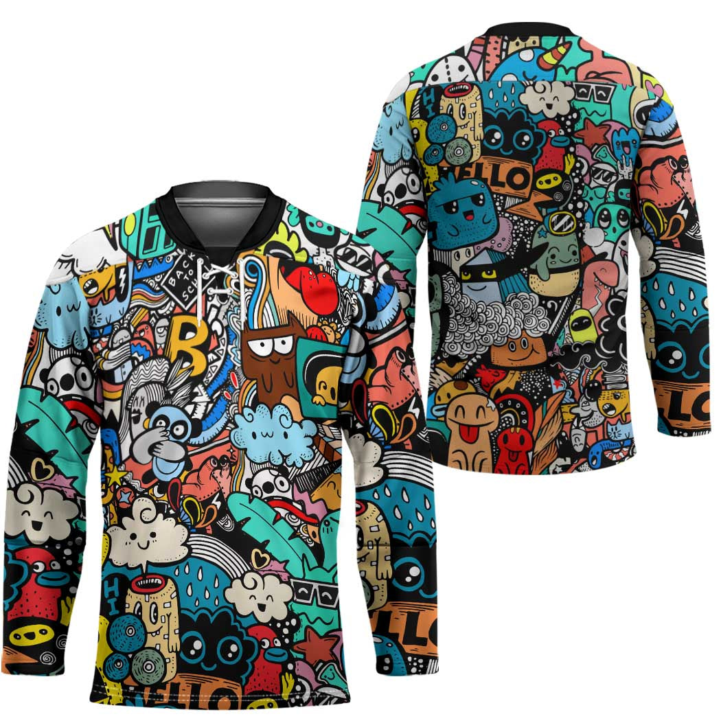 Happy Doodle Monsters Sticker Bomb Hockey Jersey Funny Graffiti Style Cartoon