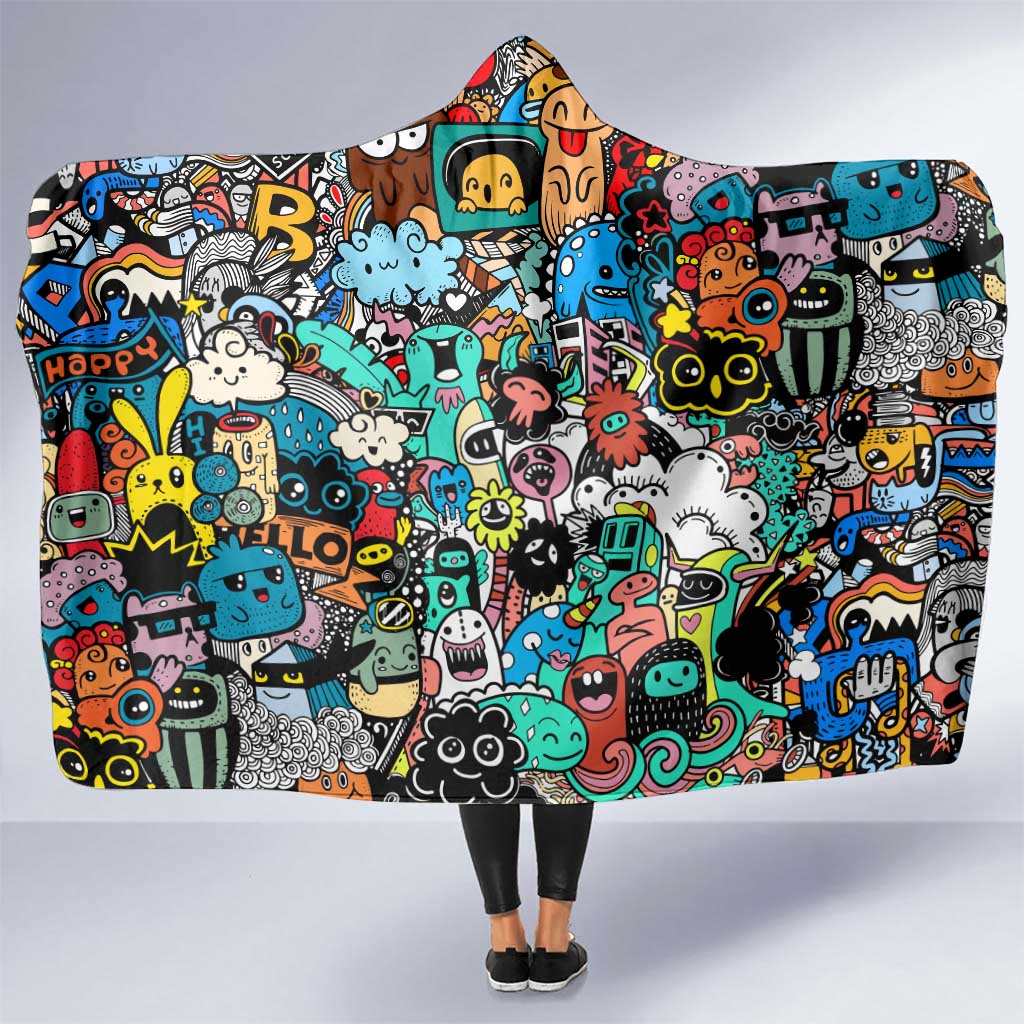 Happy Doodle Monsters Sticker Bomb Hooded Blanket Funny Graffiti Style Cartoon