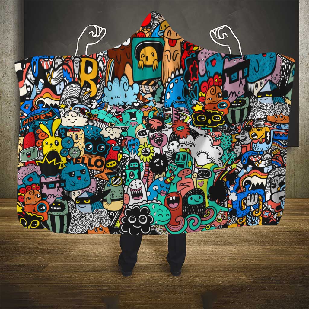 Happy Doodle Monsters Sticker Bomb Hooded Blanket Funny Graffiti Style Cartoon