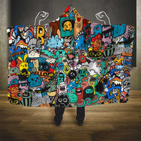Happy Doodle Monsters Sticker Bomb Hooded Blanket Funny Graffiti Style Cartoon