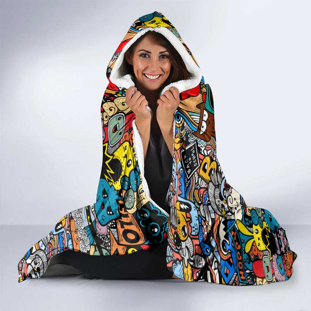 Happy Doodle Monsters Sticker Bomb Hooded Blanket Funny Graffiti Style Cartoon