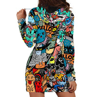 Happy Doodle Monsters Sticker Bomb Hoodie Dress Funny Graffiti Style Cartoon