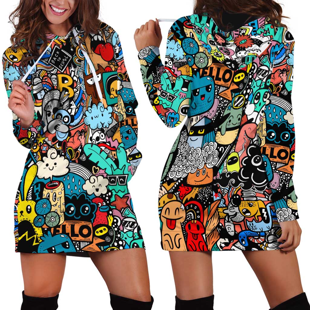 Happy Doodle Monsters Sticker Bomb Hoodie Dress Funny Graffiti Style Cartoon