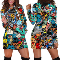 Happy Doodle Monsters Sticker Bomb Hoodie Dress Funny Graffiti Style Cartoon