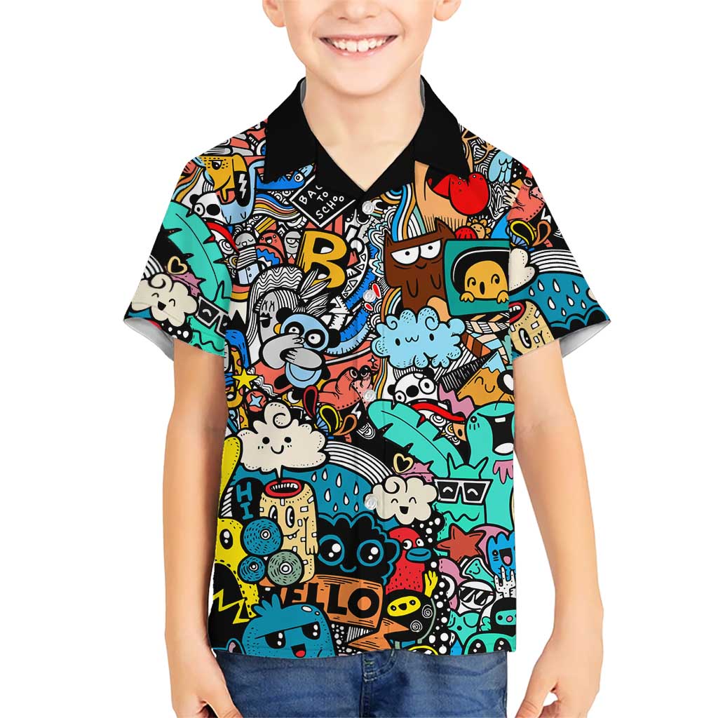 Happy Doodle Monsters Sticker Bomb Kid Hawaiian Shirt Funny Graffiti Style Cartoon