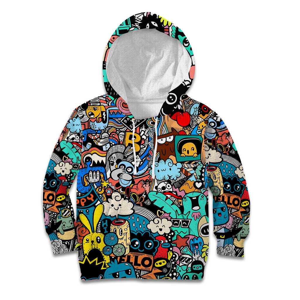 Happy Doodle Monsters Sticker Bomb Kid Hoodie Funny Graffiti Style Cartoon