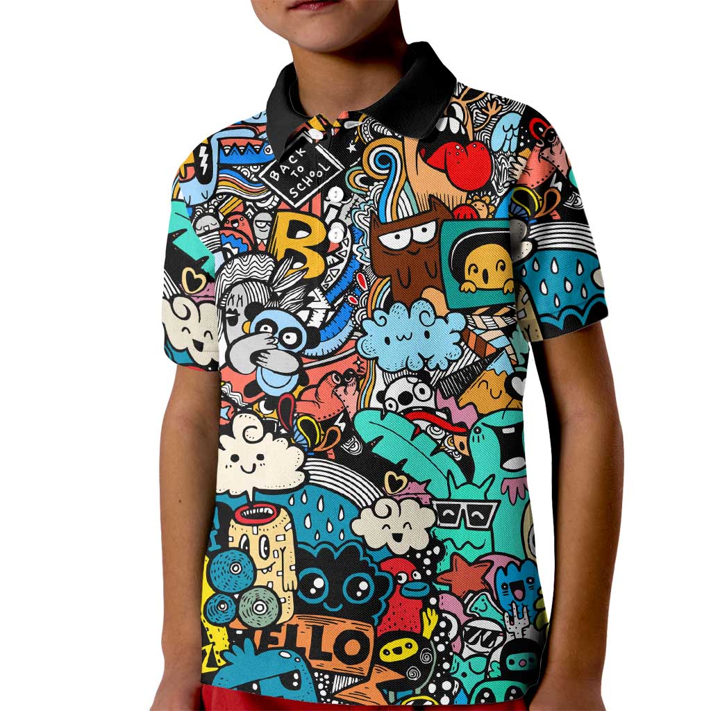 Happy Doodle Monsters Sticker Bomb Kid Polo Shirt Funny Graffiti Style Cartoon