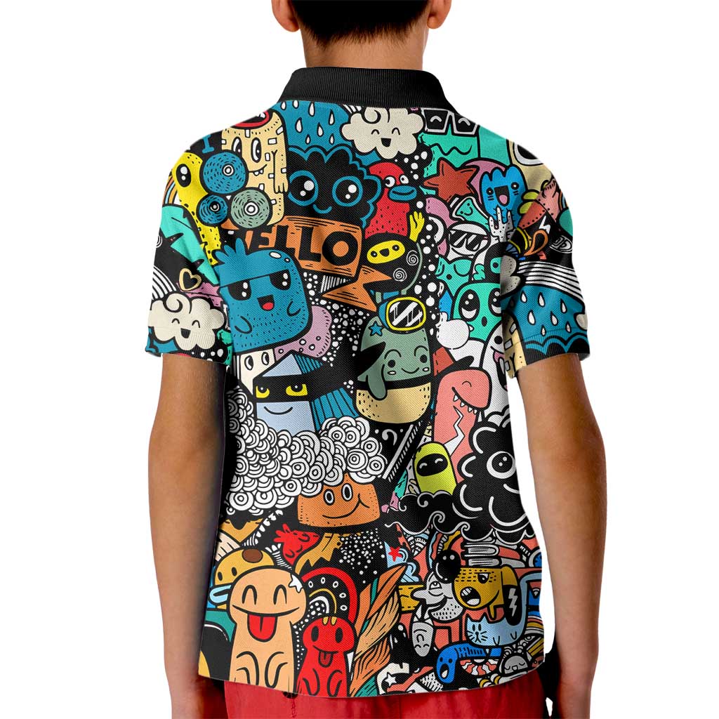 Happy Doodle Monsters Sticker Bomb Kid Polo Shirt Funny Graffiti Style Cartoon