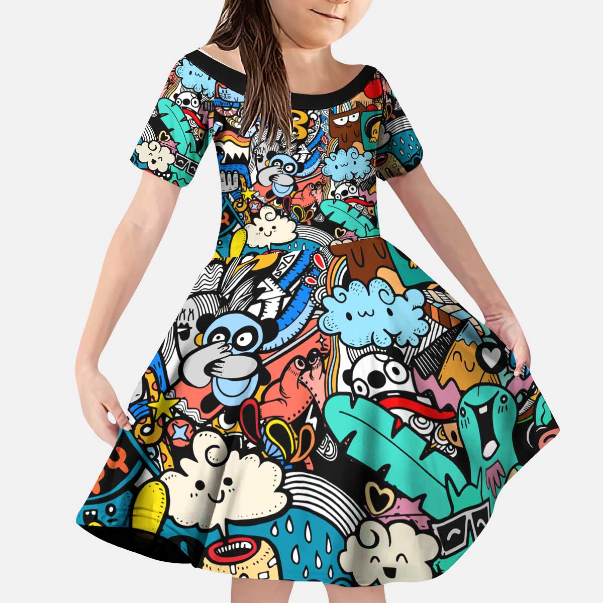 Happy Doodle Monsters Sticker Bomb Kid Short Sleeve Dress Funny Graffiti Style Cartoon