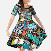 Happy Doodle Monsters Sticker Bomb Kid Short Sleeve Dress Funny Graffiti Style Cartoon