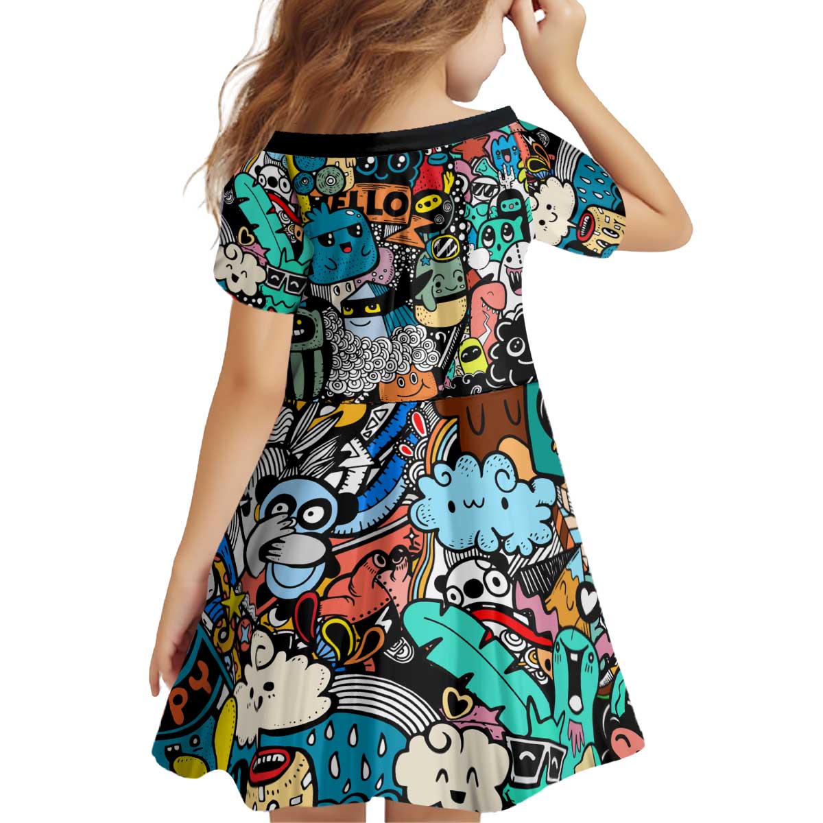 Happy Doodle Monsters Sticker Bomb Kid Short Sleeve Dress Funny Graffiti Style Cartoon