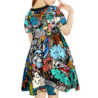 Happy Doodle Monsters Sticker Bomb Kid Short Sleeve Dress Funny Graffiti Style Cartoon