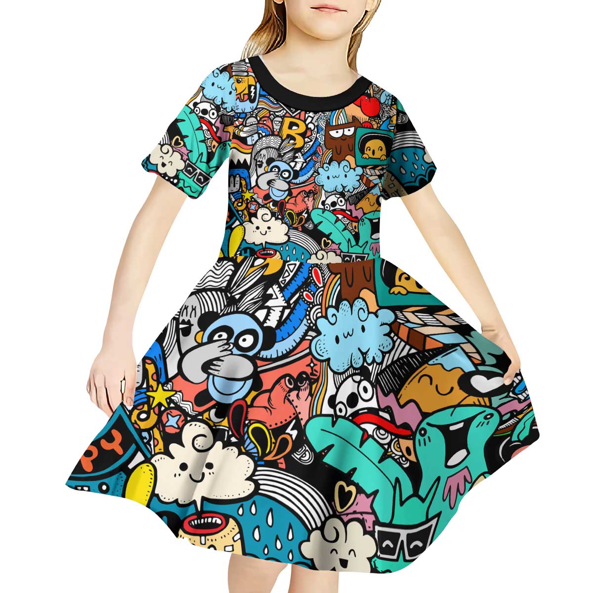 Happy Doodle Monsters Sticker Bomb Kid Short Sleeve Dress Funny Graffiti Style Cartoon
