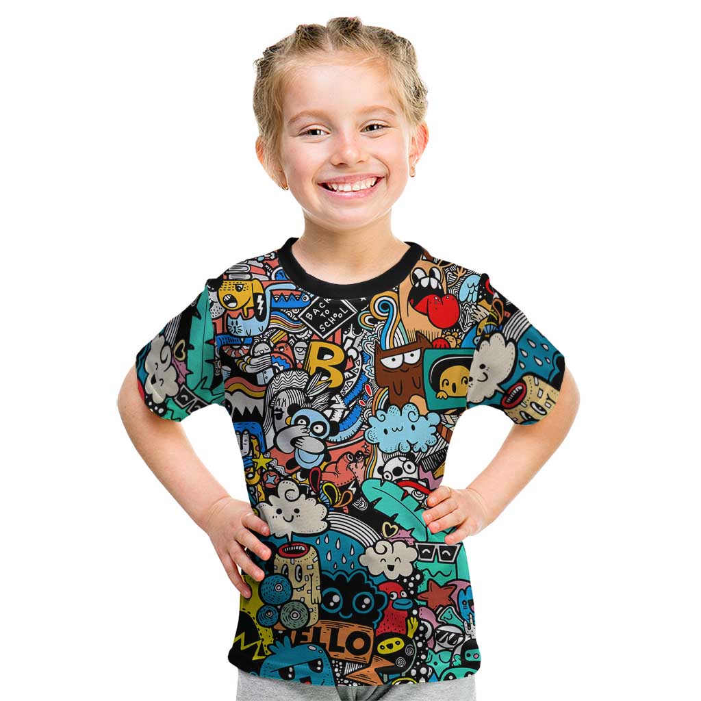 Happy Doodle Monsters Sticker Bomb Kid T Shirt Funny Graffiti Style Cartoon