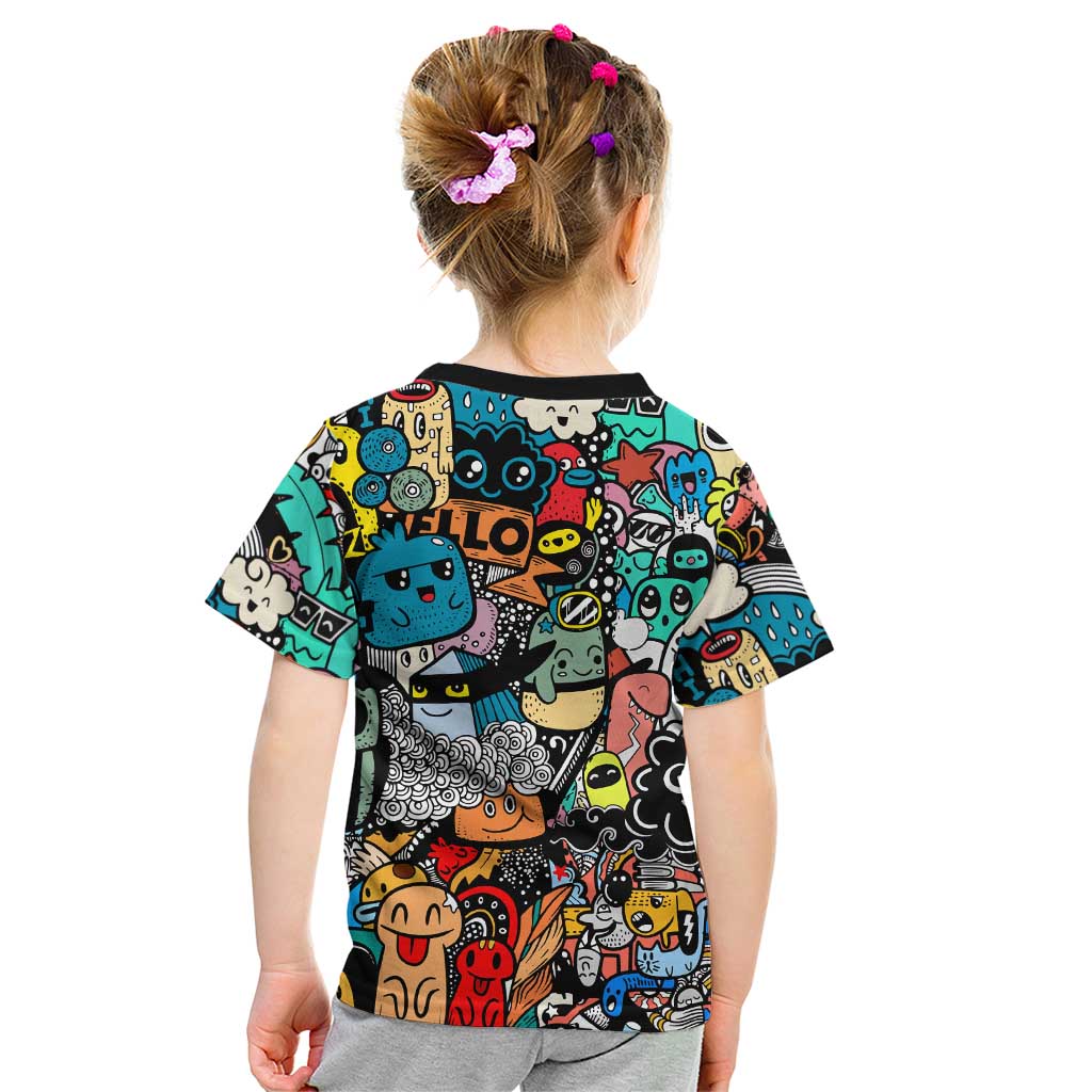 Happy Doodle Monsters Sticker Bomb Kid T Shirt Funny Graffiti Style Cartoon