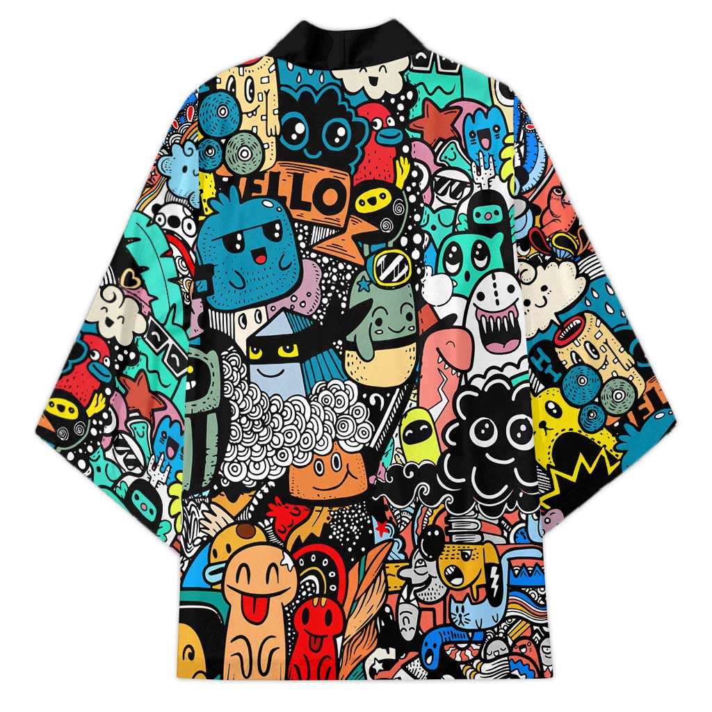 Happy Doodle Monsters Sticker Bomb Kimono Funny Graffiti Style Cartoon
