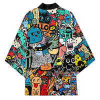 Happy Doodle Monsters Sticker Bomb Kimono Funny Graffiti Style Cartoon