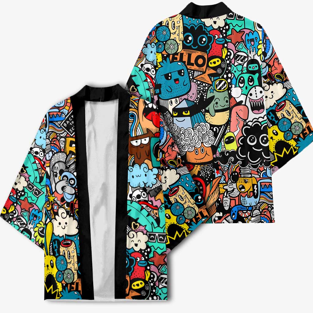 Happy Doodle Monsters Sticker Bomb Kimono Funny Graffiti Style Cartoon