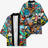 Happy Doodle Monsters Sticker Bomb Kimono Funny Graffiti Style Cartoon