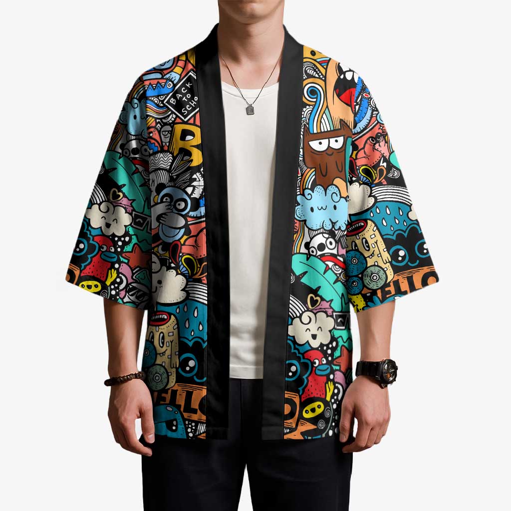 Happy Doodle Monsters Sticker Bomb Kimono Funny Graffiti Style Cartoon