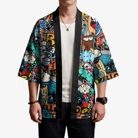 Happy Doodle Monsters Sticker Bomb Kimono Funny Graffiti Style Cartoon