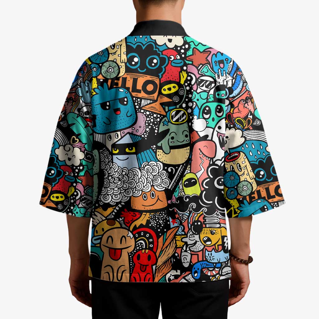 Happy Doodle Monsters Sticker Bomb Kimono Funny Graffiti Style Cartoon