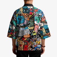 Happy Doodle Monsters Sticker Bomb Kimono Funny Graffiti Style Cartoon
