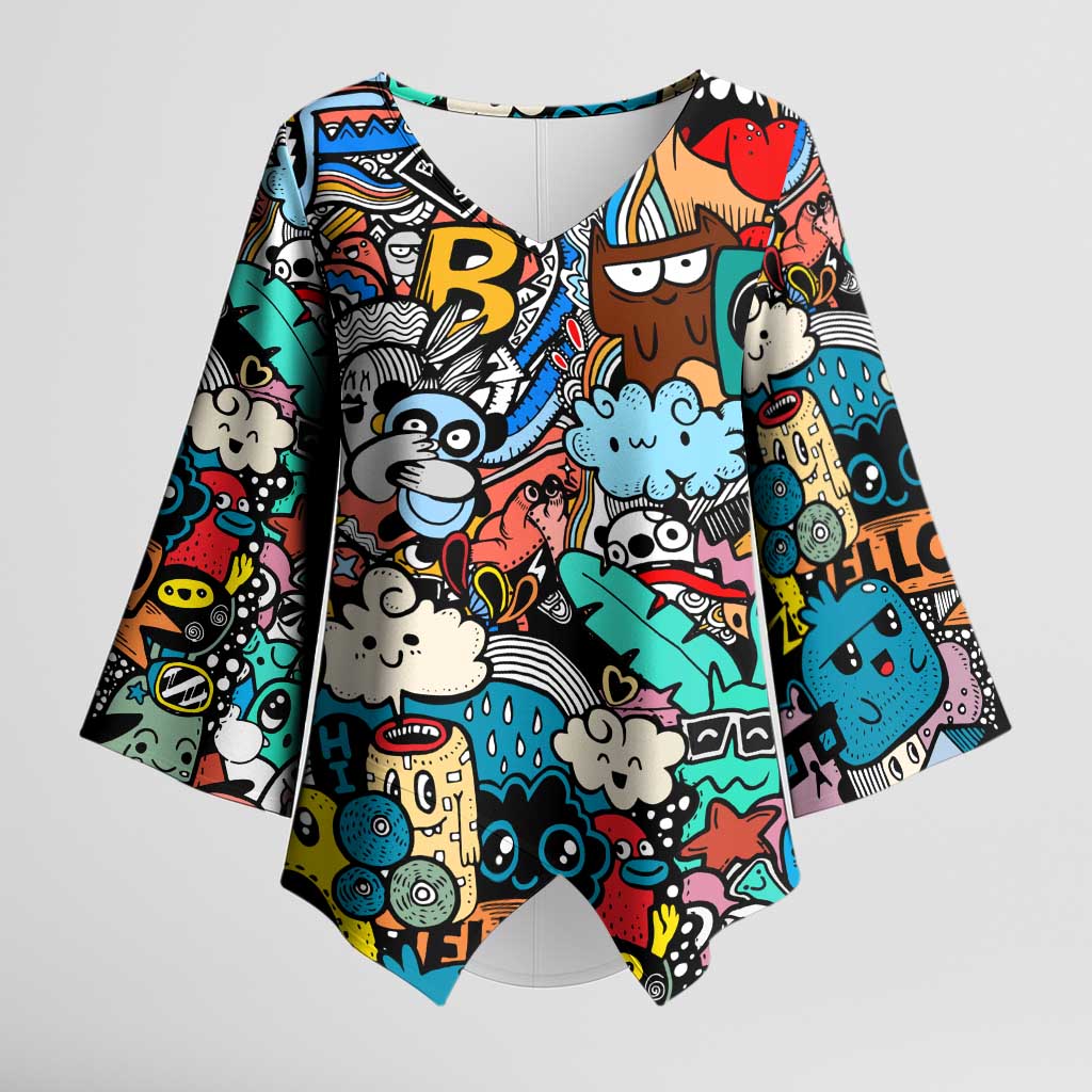 Happy Doodle Monsters Sticker Bomb Kimono Sleeve Blouse Funny Graffiti Style Cartoon