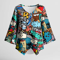 Happy Doodle Monsters Sticker Bomb Kimono Sleeve Blouse Funny Graffiti Style Cartoon