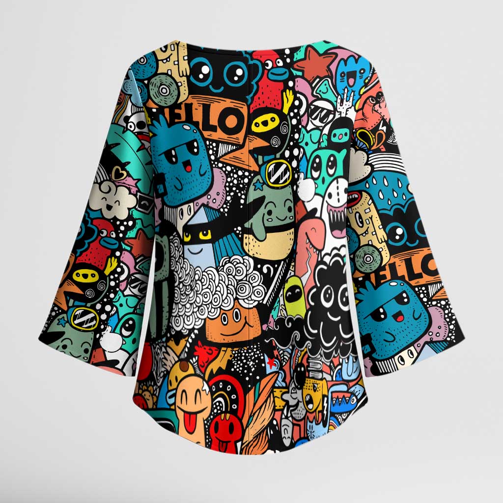 Happy Doodle Monsters Sticker Bomb Kimono Sleeve Blouse Funny Graffiti Style Cartoon