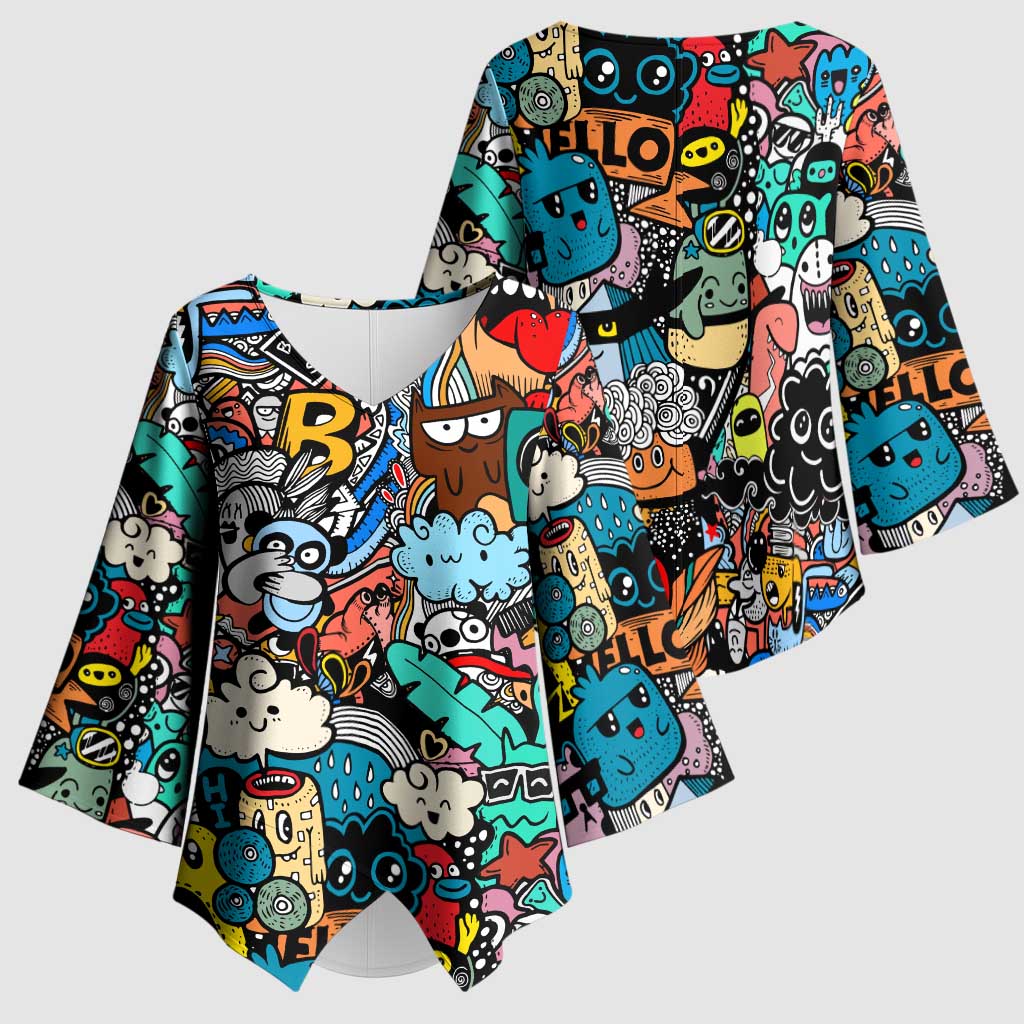 Happy Doodle Monsters Sticker Bomb Kimono Sleeve Blouse Funny Graffiti Style Cartoon